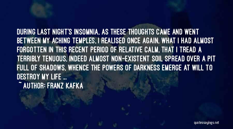 Franz Kafka Quotes: During Last Night's Insomnia, As These Thoughts Came And Went Between My Aching Temples, I Realised Once Again, What I