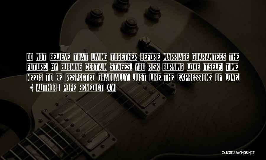 Pope Benedict XVI Quotes: Do Not Believe That Living Together Before Marriage Guarantees The Future. By Burning Certain Stages, You Risk Burning Love Itself.