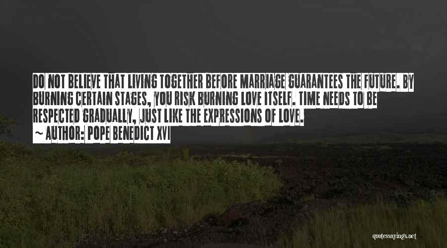 Pope Benedict XVI Quotes: Do Not Believe That Living Together Before Marriage Guarantees The Future. By Burning Certain Stages, You Risk Burning Love Itself.