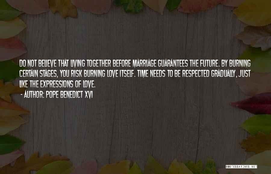 Pope Benedict XVI Quotes: Do Not Believe That Living Together Before Marriage Guarantees The Future. By Burning Certain Stages, You Risk Burning Love Itself.