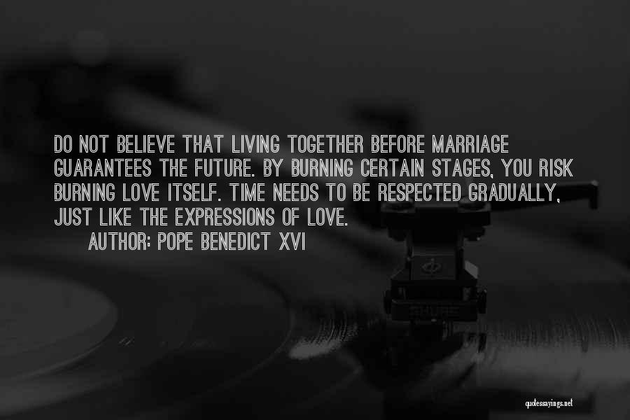 Pope Benedict XVI Quotes: Do Not Believe That Living Together Before Marriage Guarantees The Future. By Burning Certain Stages, You Risk Burning Love Itself.