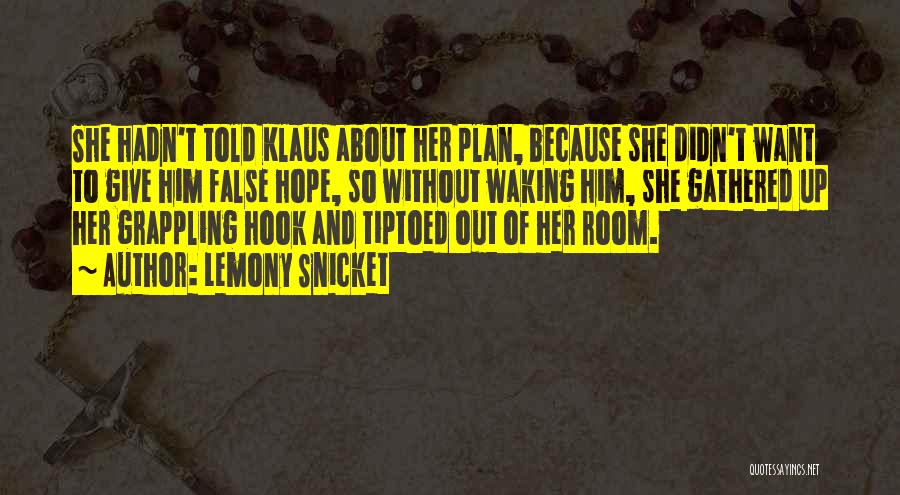 Lemony Snicket Quotes: She Hadn't Told Klaus About Her Plan, Because She Didn't Want To Give Him False Hope, So Without Waking Him,