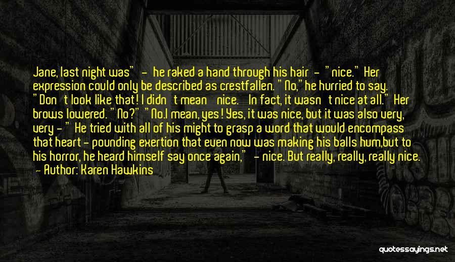 Karen Hawkins Quotes: Jane, Last Night Was - He Raked A Hand Through His Hair - Nice. Her Expression Could Only Be Described