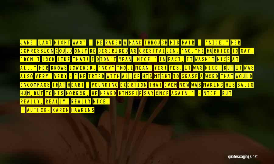 Karen Hawkins Quotes: Jane, Last Night Was - He Raked A Hand Through His Hair - Nice. Her Expression Could Only Be Described