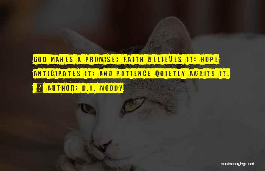 D.L. Moody Quotes: God Makes A Promise; Faith Believes It; Hope Anticipates It; And Patience Quietly Awaits It.