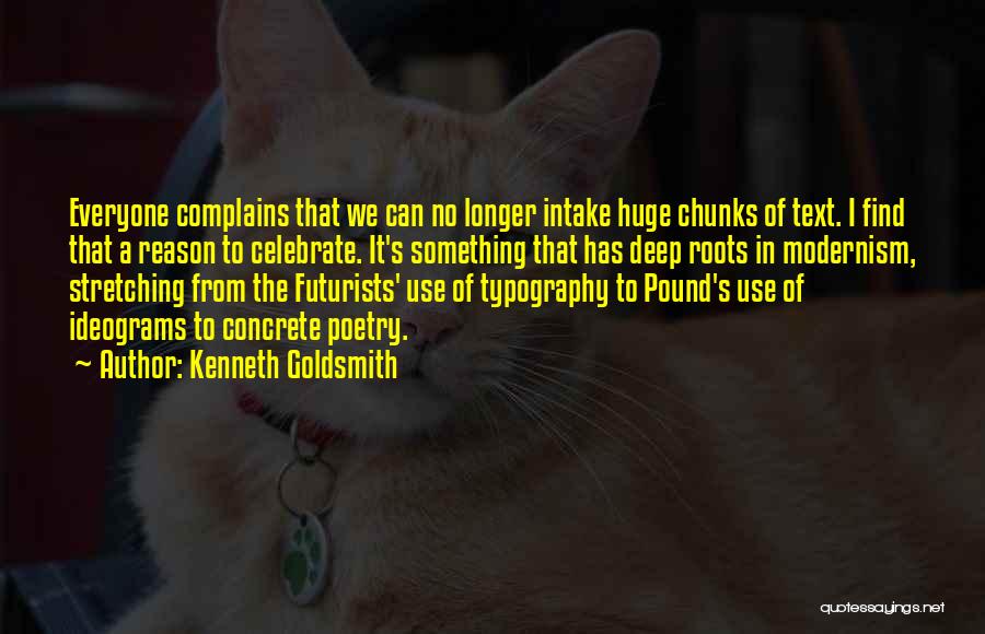 Kenneth Goldsmith Quotes: Everyone Complains That We Can No Longer Intake Huge Chunks Of Text. I Find That A Reason To Celebrate. It's