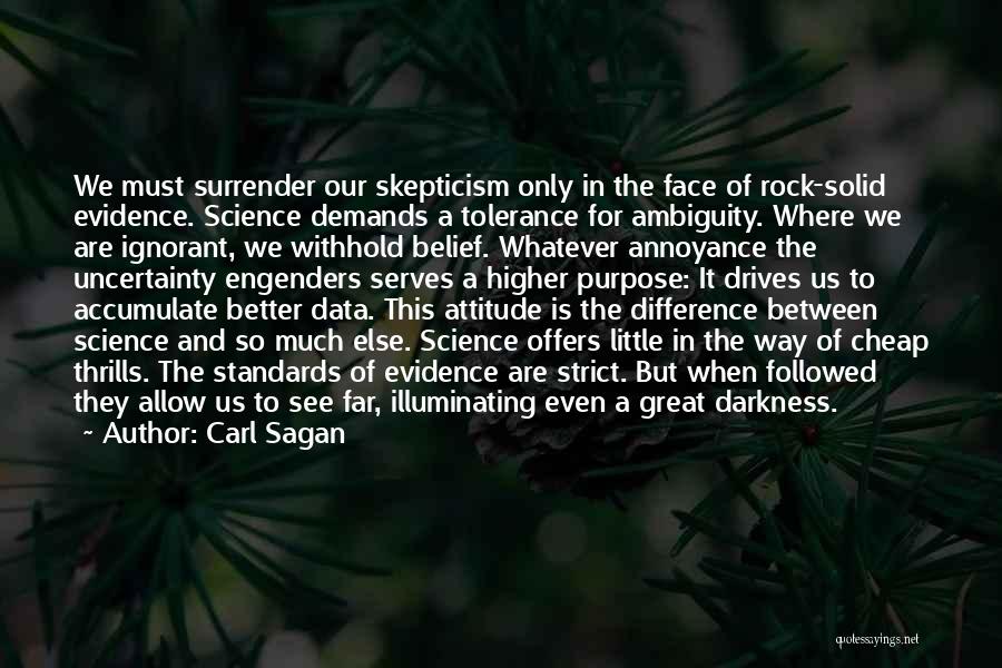 Carl Sagan Quotes: We Must Surrender Our Skepticism Only In The Face Of Rock-solid Evidence. Science Demands A Tolerance For Ambiguity. Where We