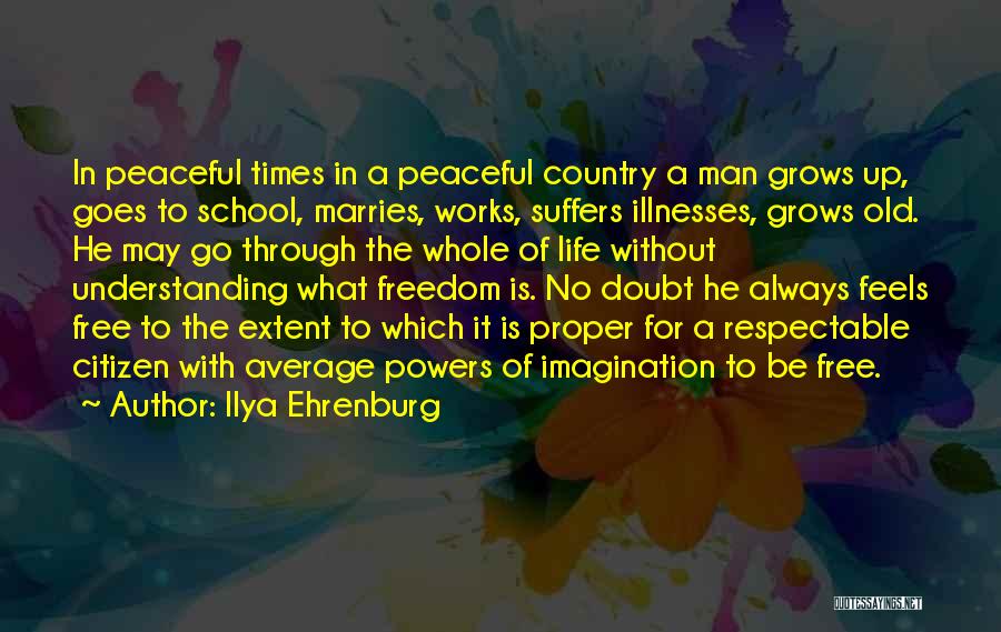 Ilya Ehrenburg Quotes: In Peaceful Times In A Peaceful Country A Man Grows Up, Goes To School, Marries, Works, Suffers Illnesses, Grows Old.