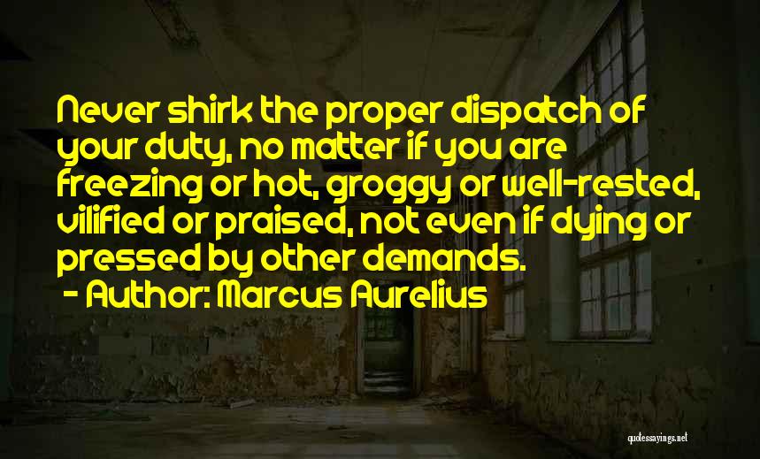 Marcus Aurelius Quotes: Never Shirk The Proper Dispatch Of Your Duty, No Matter If You Are Freezing Or Hot, Groggy Or Well-rested, Vilified