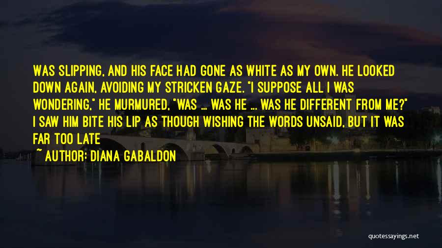 Diana Gabaldon Quotes: Was Slipping, And His Face Had Gone As White As My Own. He Looked Down Again, Avoiding My Stricken Gaze.