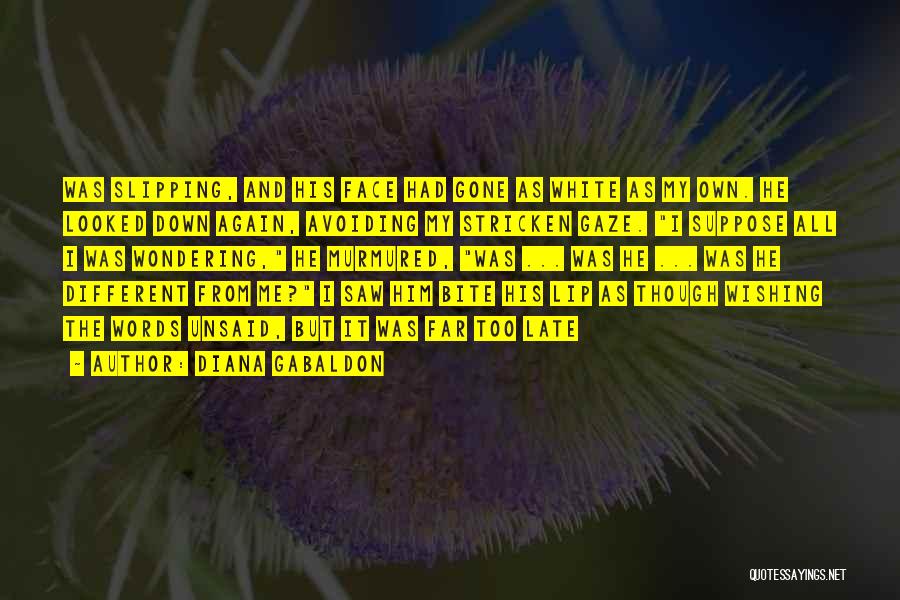 Diana Gabaldon Quotes: Was Slipping, And His Face Had Gone As White As My Own. He Looked Down Again, Avoiding My Stricken Gaze.