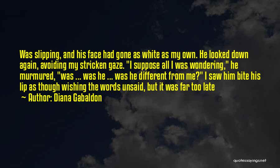 Diana Gabaldon Quotes: Was Slipping, And His Face Had Gone As White As My Own. He Looked Down Again, Avoiding My Stricken Gaze.