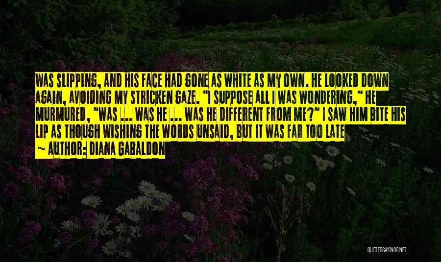 Diana Gabaldon Quotes: Was Slipping, And His Face Had Gone As White As My Own. He Looked Down Again, Avoiding My Stricken Gaze.