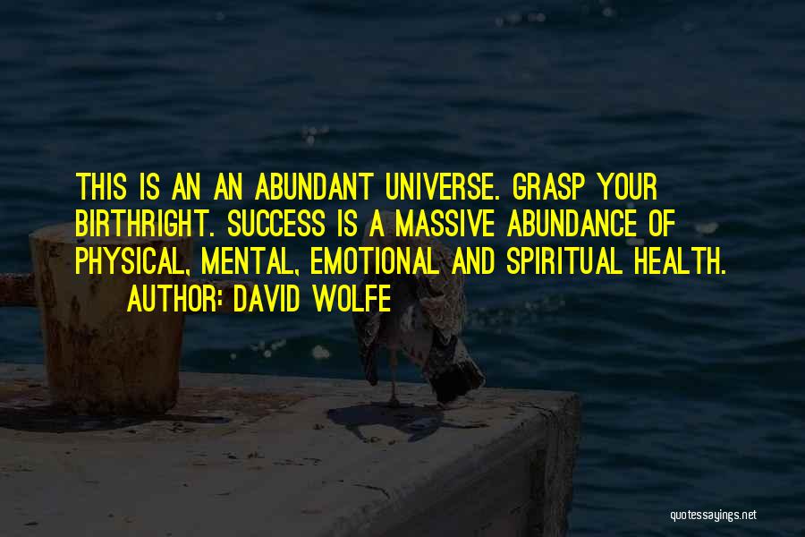 David Wolfe Quotes: This Is An An Abundant Universe. Grasp Your Birthright. Success Is A Massive Abundance Of Physical, Mental, Emotional And Spiritual