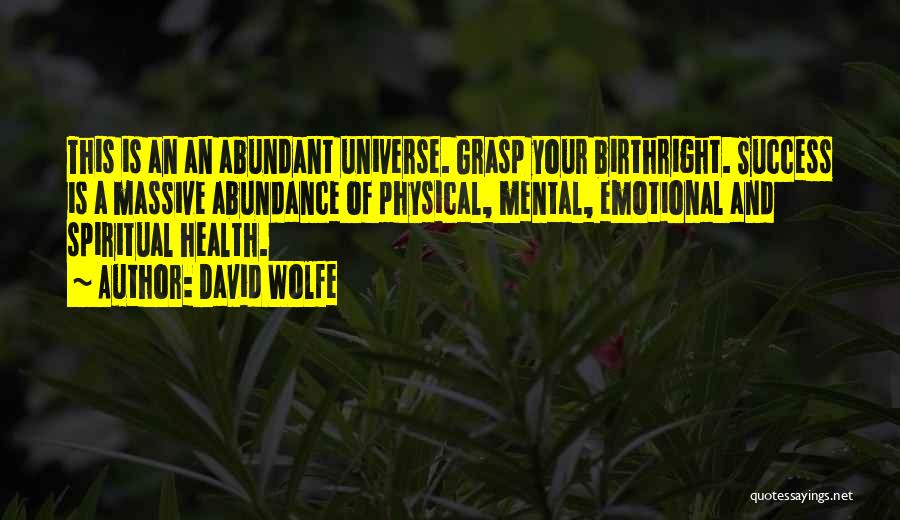 David Wolfe Quotes: This Is An An Abundant Universe. Grasp Your Birthright. Success Is A Massive Abundance Of Physical, Mental, Emotional And Spiritual