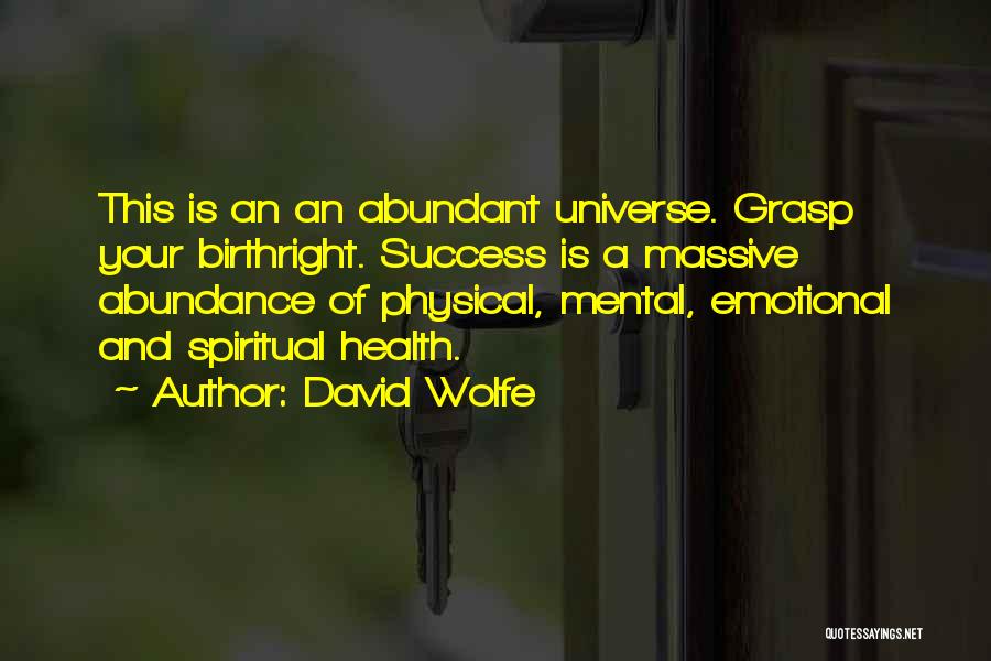 David Wolfe Quotes: This Is An An Abundant Universe. Grasp Your Birthright. Success Is A Massive Abundance Of Physical, Mental, Emotional And Spiritual