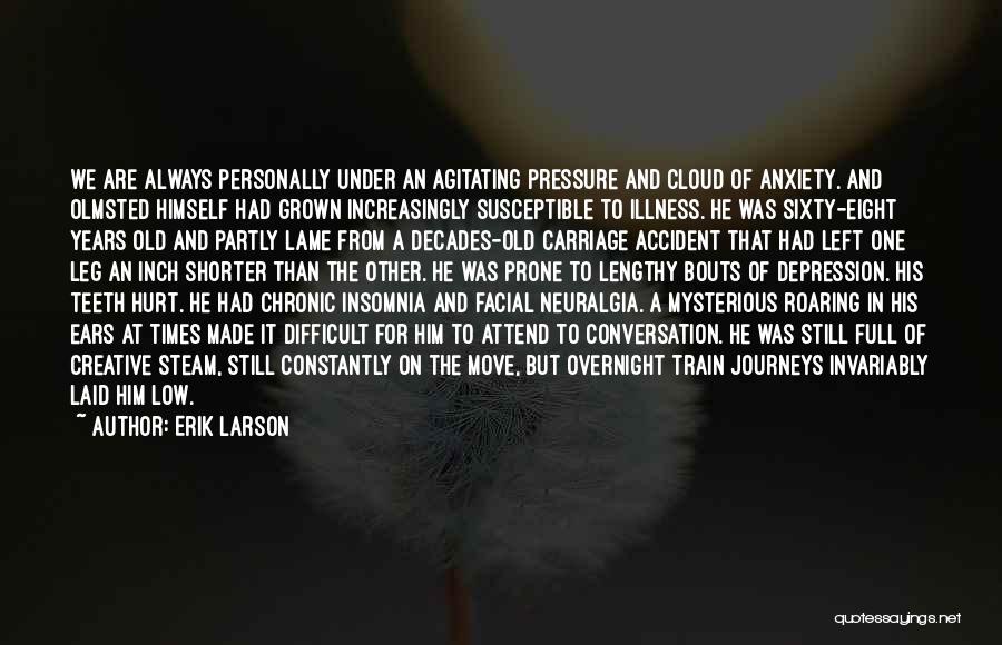 Erik Larson Quotes: We Are Always Personally Under An Agitating Pressure And Cloud Of Anxiety. And Olmsted Himself Had Grown Increasingly Susceptible To