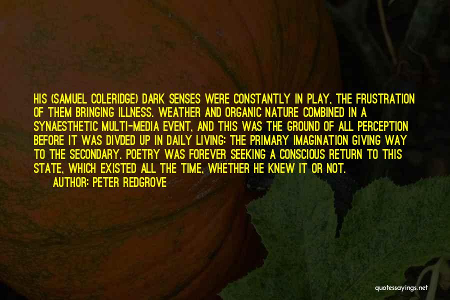 Peter Redgrove Quotes: His (samuel Coleridge) Dark Senses Were Constantly In Play, The Frustration Of Them Bringing Illness. Weather And Organic Nature Combined