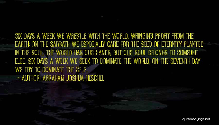 Abraham Joshua Heschel Quotes: Six Days A Week We Wrestle With The World, Wringing Profit From The Earth; On The Sabbath We Especially Care
