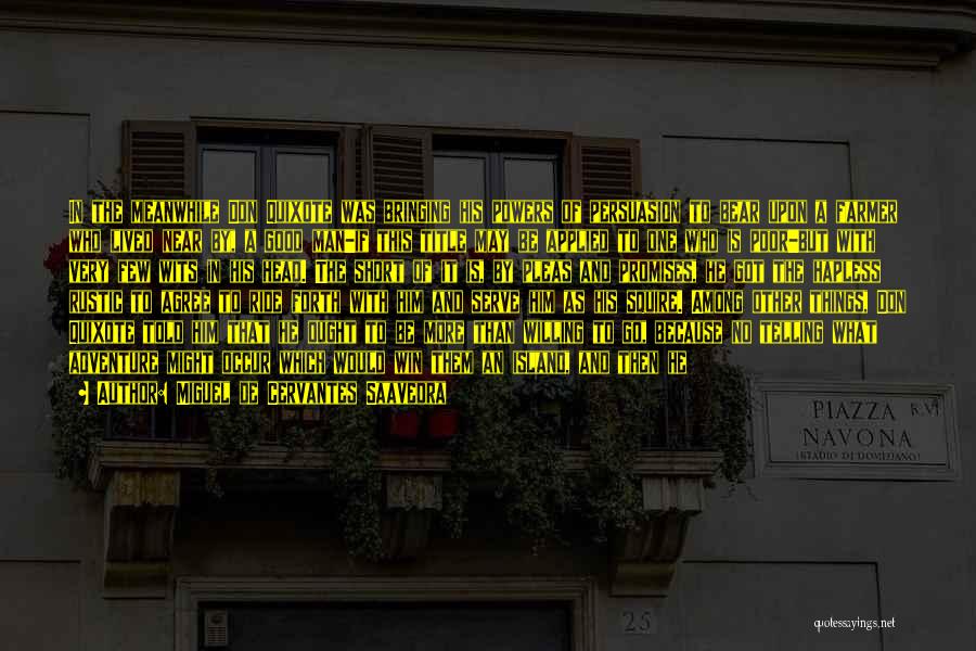 Miguel De Cervantes Saavedra Quotes: In The Meanwhile Don Quixote Was Bringing His Powers Of Persuasion To Bear Upon A Farmer Who Lived Near By,