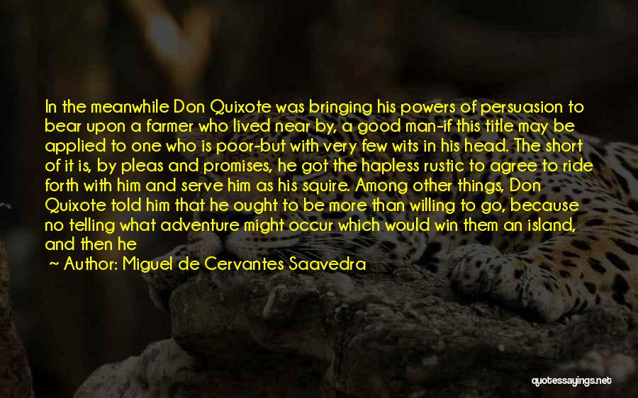 Miguel De Cervantes Saavedra Quotes: In The Meanwhile Don Quixote Was Bringing His Powers Of Persuasion To Bear Upon A Farmer Who Lived Near By,