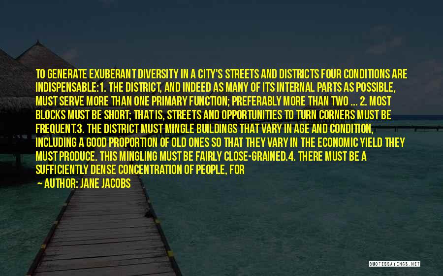 Jane Jacobs Quotes: To Generate Exuberant Diversity In A City's Streets And Districts Four Conditions Are Indispensable:1. The District, And Indeed As Many