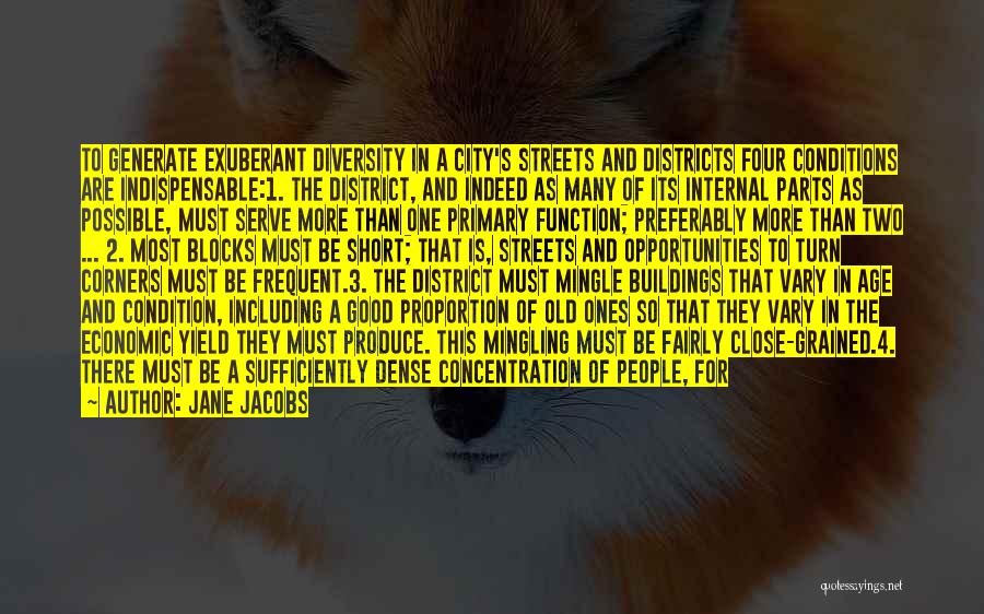 Jane Jacobs Quotes: To Generate Exuberant Diversity In A City's Streets And Districts Four Conditions Are Indispensable:1. The District, And Indeed As Many