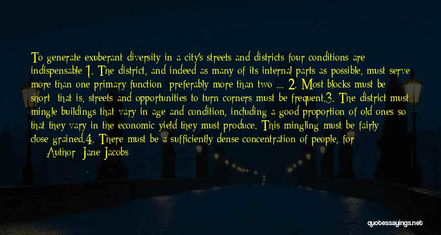 Jane Jacobs Quotes: To Generate Exuberant Diversity In A City's Streets And Districts Four Conditions Are Indispensable:1. The District, And Indeed As Many