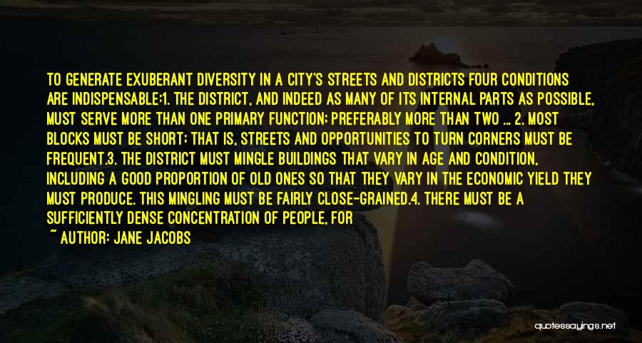 Jane Jacobs Quotes: To Generate Exuberant Diversity In A City's Streets And Districts Four Conditions Are Indispensable:1. The District, And Indeed As Many