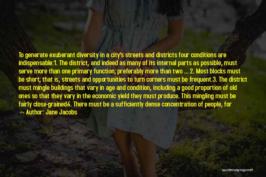 Jane Jacobs Quotes: To Generate Exuberant Diversity In A City's Streets And Districts Four Conditions Are Indispensable:1. The District, And Indeed As Many