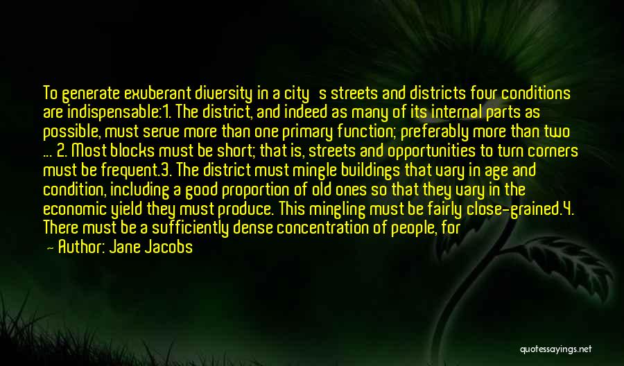 Jane Jacobs Quotes: To Generate Exuberant Diversity In A City's Streets And Districts Four Conditions Are Indispensable:1. The District, And Indeed As Many