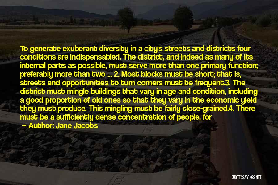 Jane Jacobs Quotes: To Generate Exuberant Diversity In A City's Streets And Districts Four Conditions Are Indispensable:1. The District, And Indeed As Many