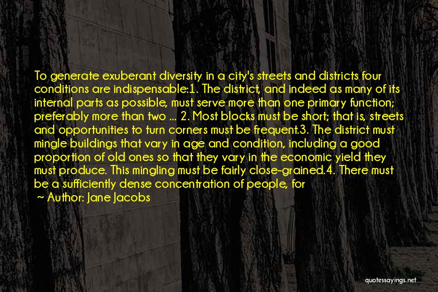 Jane Jacobs Quotes: To Generate Exuberant Diversity In A City's Streets And Districts Four Conditions Are Indispensable:1. The District, And Indeed As Many