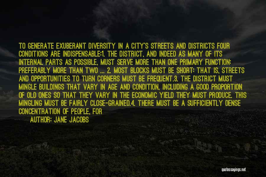 Jane Jacobs Quotes: To Generate Exuberant Diversity In A City's Streets And Districts Four Conditions Are Indispensable:1. The District, And Indeed As Many