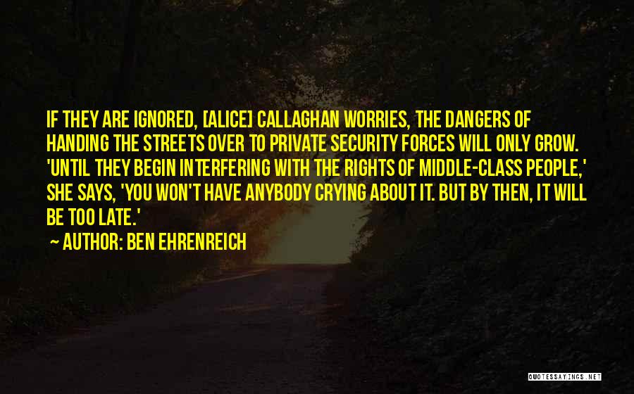 Ben Ehrenreich Quotes: If They Are Ignored, [alice] Callaghan Worries, The Dangers Of Handing The Streets Over To Private Security Forces Will Only