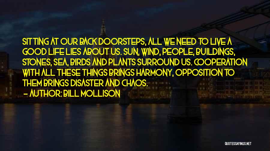 Bill Mollison Quotes: Sitting At Our Back Doorsteps, All We Need To Live A Good Life Lies About Us. Sun, Wind, People, Buildings,