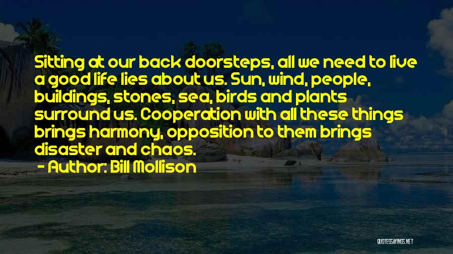 Bill Mollison Quotes: Sitting At Our Back Doorsteps, All We Need To Live A Good Life Lies About Us. Sun, Wind, People, Buildings,