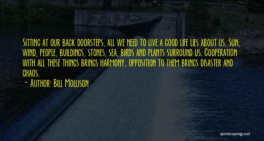Bill Mollison Quotes: Sitting At Our Back Doorsteps, All We Need To Live A Good Life Lies About Us. Sun, Wind, People, Buildings,