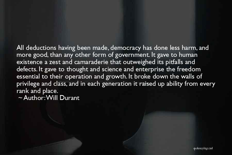 Will Durant Quotes: All Deductions Having Been Made, Democracy Has Done Less Harm, And More Good, Than Any Other Form Of Government. It