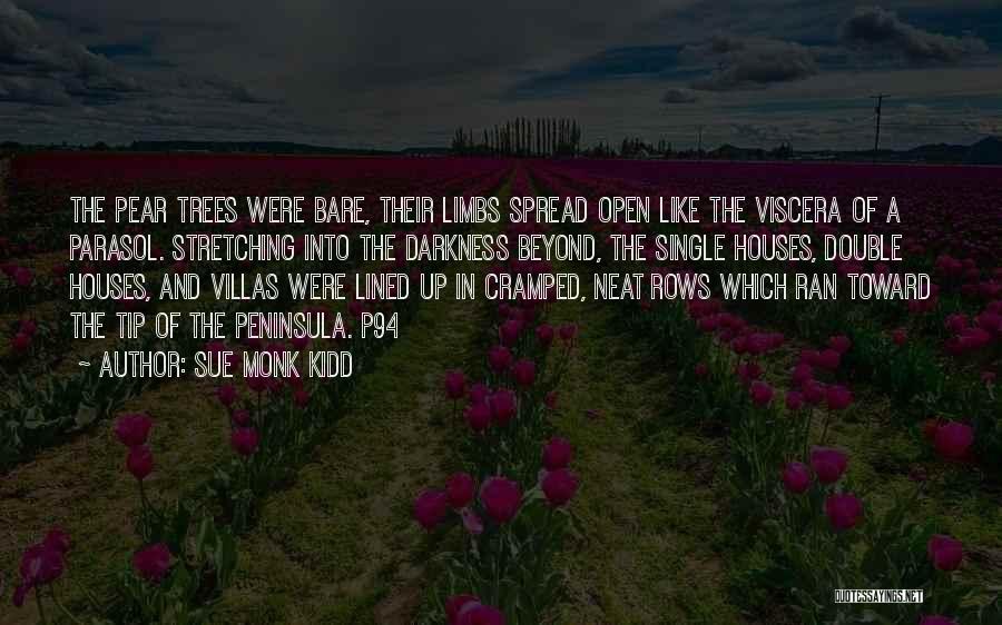 Sue Monk Kidd Quotes: The Pear Trees Were Bare, Their Limbs Spread Open Like The Viscera Of A Parasol. Stretching Into The Darkness Beyond,