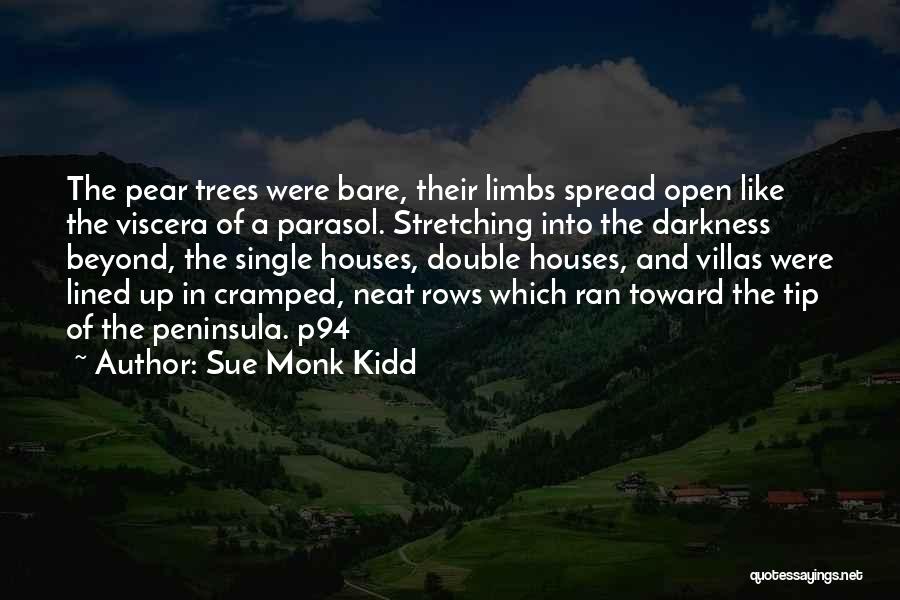 Sue Monk Kidd Quotes: The Pear Trees Were Bare, Their Limbs Spread Open Like The Viscera Of A Parasol. Stretching Into The Darkness Beyond,