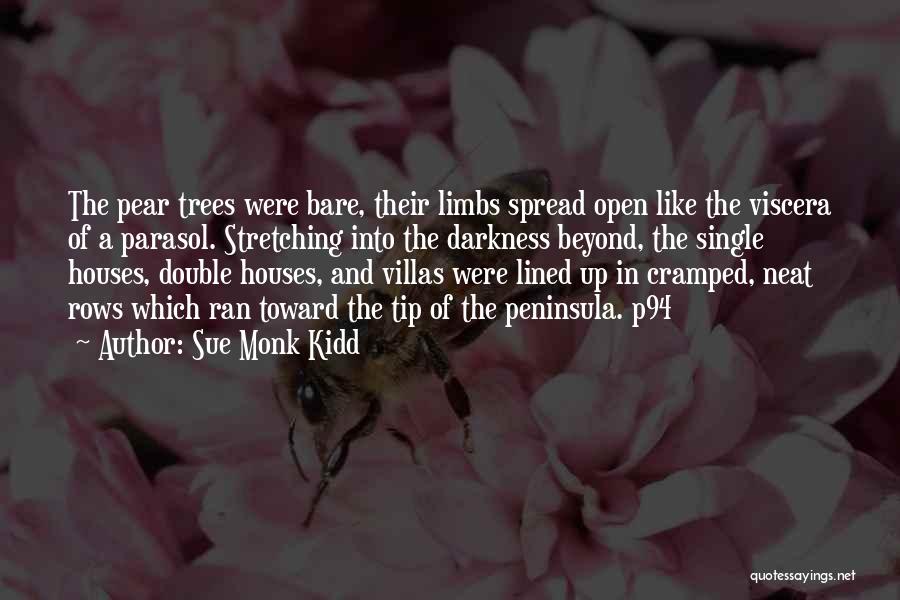 Sue Monk Kidd Quotes: The Pear Trees Were Bare, Their Limbs Spread Open Like The Viscera Of A Parasol. Stretching Into The Darkness Beyond,