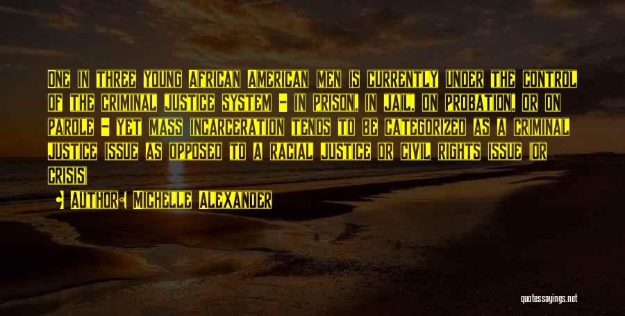 Michelle Alexander Quotes: One In Three Young African American Men Is Currently Under The Control Of The Criminal Justice System - In Prison,