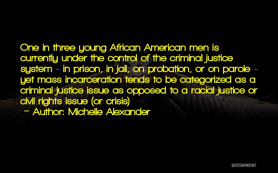 Michelle Alexander Quotes: One In Three Young African American Men Is Currently Under The Control Of The Criminal Justice System - In Prison,