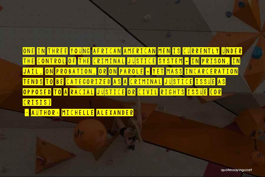 Michelle Alexander Quotes: One In Three Young African American Men Is Currently Under The Control Of The Criminal Justice System - In Prison,