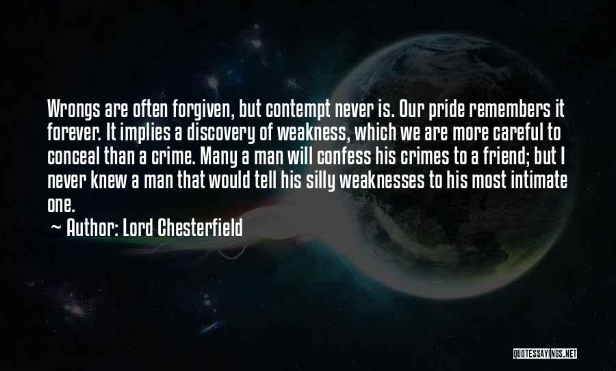 Lord Chesterfield Quotes: Wrongs Are Often Forgiven, But Contempt Never Is. Our Pride Remembers It Forever. It Implies A Discovery Of Weakness, Which