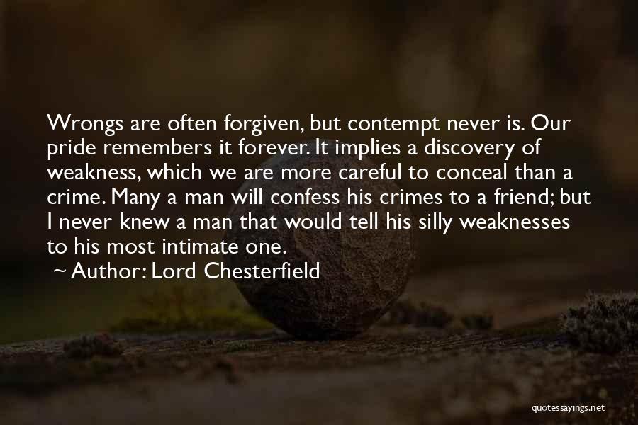 Lord Chesterfield Quotes: Wrongs Are Often Forgiven, But Contempt Never Is. Our Pride Remembers It Forever. It Implies A Discovery Of Weakness, Which