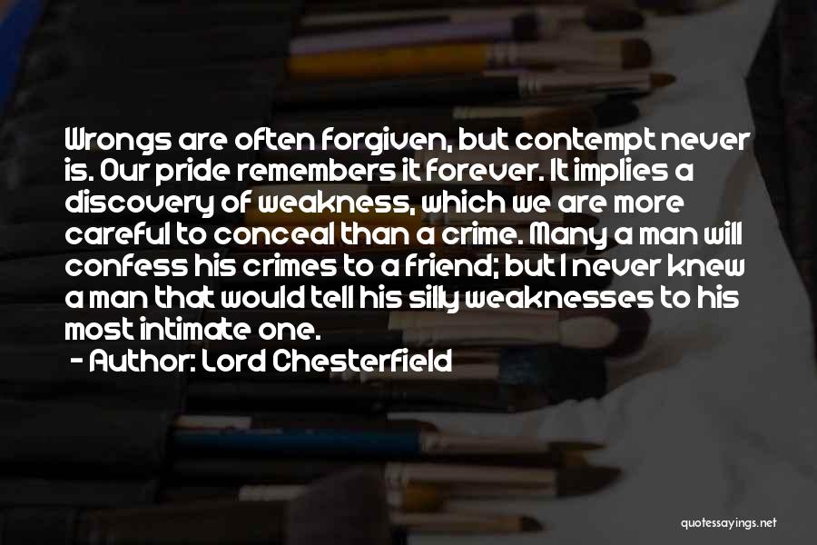 Lord Chesterfield Quotes: Wrongs Are Often Forgiven, But Contempt Never Is. Our Pride Remembers It Forever. It Implies A Discovery Of Weakness, Which