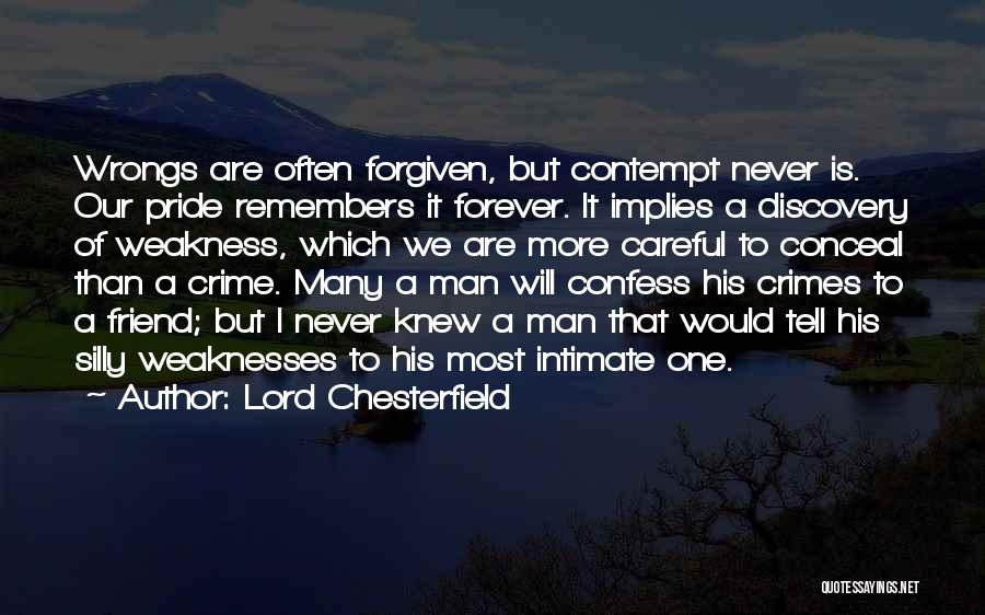 Lord Chesterfield Quotes: Wrongs Are Often Forgiven, But Contempt Never Is. Our Pride Remembers It Forever. It Implies A Discovery Of Weakness, Which