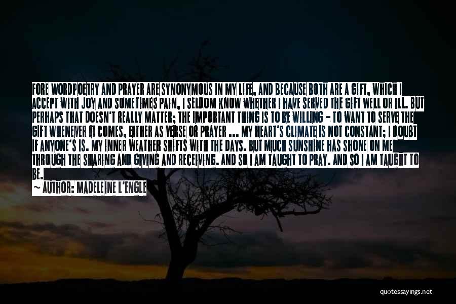 Madeleine L'Engle Quotes: Fore Wordpoetry And Prayer Are Synonymous In My Life, And Because Both Are A Gift, Which I Accept With Joy